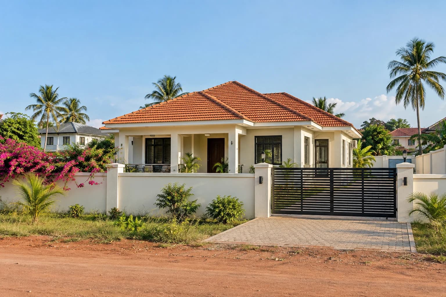 Illustrative finished family home with a tiled roof, block wall and paved driveway